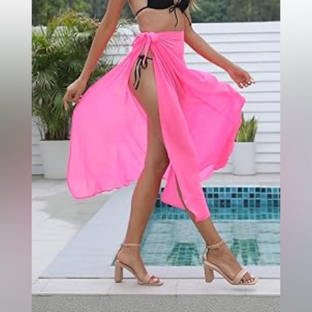 NWT- CARDYDONY Amazon Hot Pink Sheer Wrap Skirt Swim Cover Up